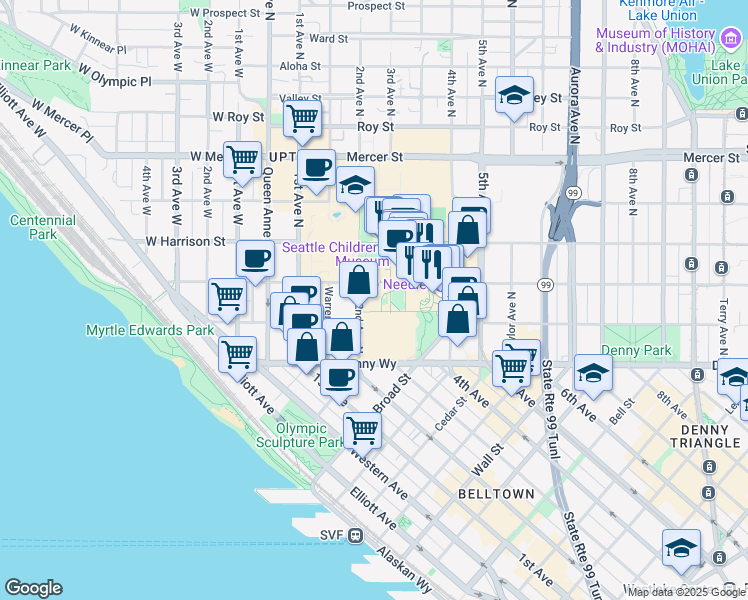 map of restaurants, bars, coffee shops, grocery stores, and more near 200 Thomas Street in Seattle