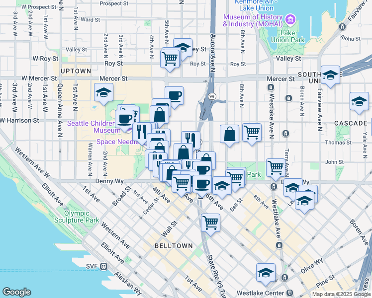 map of restaurants, bars, coffee shops, grocery stores, and more near 200 Taylor Avenue North in Seattle