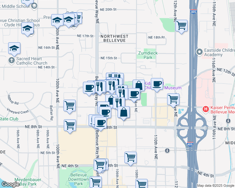 map of restaurants, bars, coffee shops, grocery stores, and more near 1120 106th Avenue Northeast in Bellevue