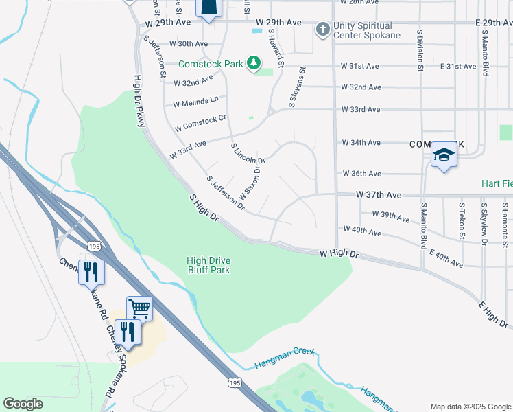 map of restaurants, bars, coffee shops, grocery stores, and more near 616 West Bradford Court in Spokane