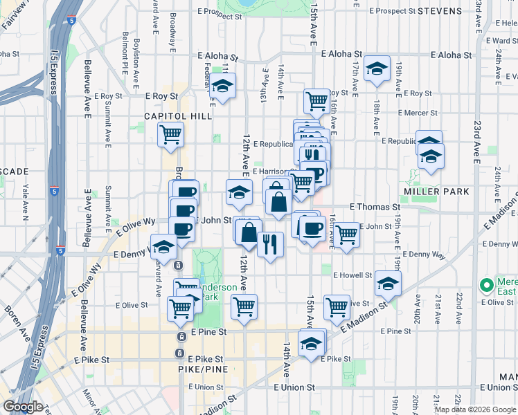 map of restaurants, bars, coffee shops, grocery stores, and more near 215 13th Avenue East in Seattle