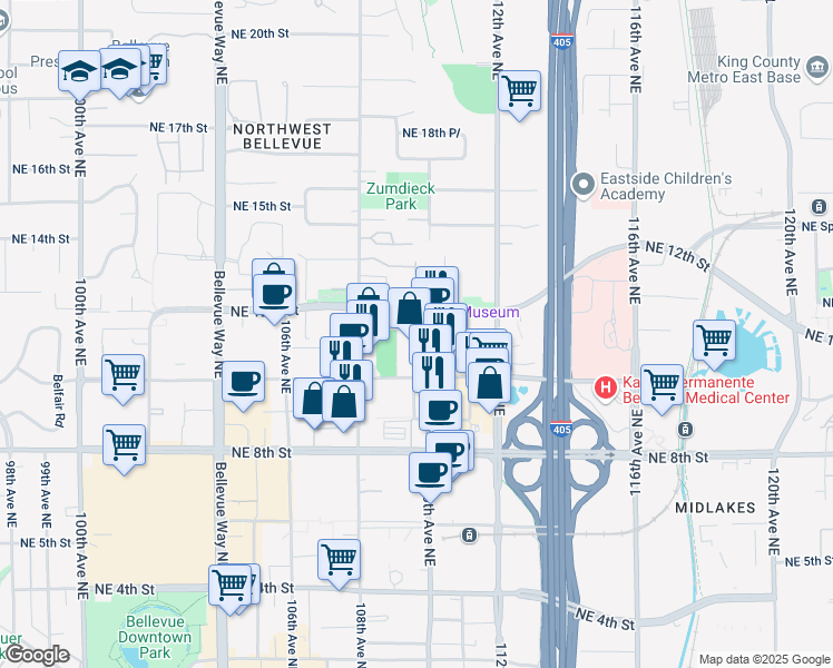 map of restaurants, bars, coffee shops, grocery stores, and more near 1111 110th Avenue Northeast in Bellevue