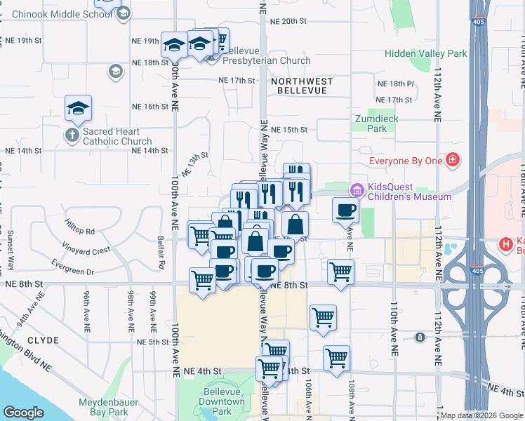 map of restaurants, bars, coffee shops, grocery stores, and more near 1199 Bellevue Way NE in Bellevue
