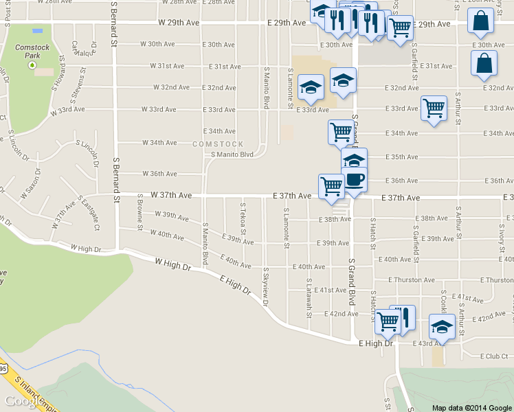 map of restaurants, bars, coffee shops, grocery stores, and more near 3716 South Skyview Drive in Spokane