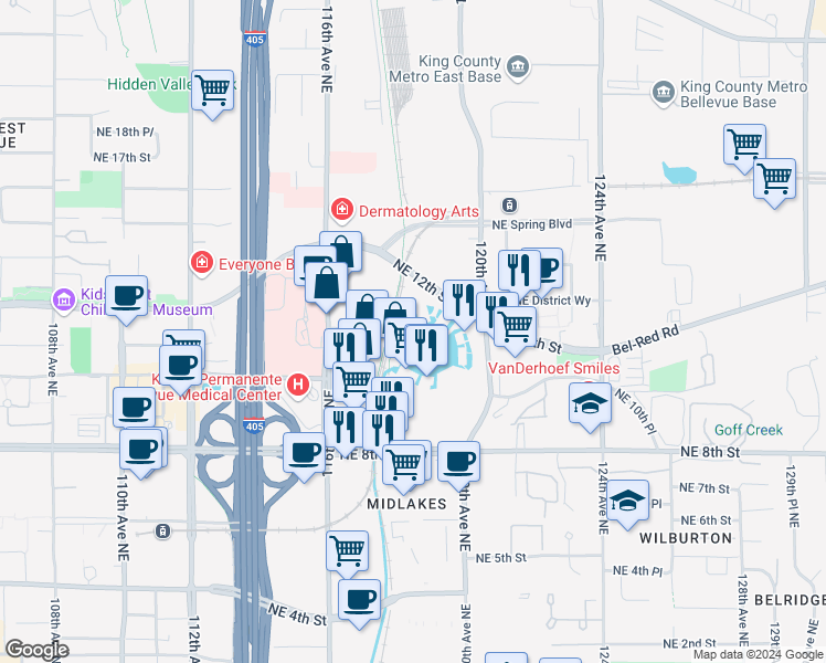map of restaurants, bars, coffee shops, grocery stores, and more near 8 Lake Bellevue Drive in Bellevue