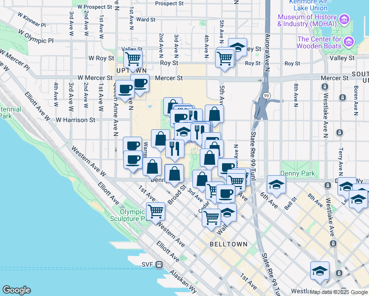 map of restaurants, bars, coffee shops, grocery stores, and more near 305 Harrison Street in Seattle