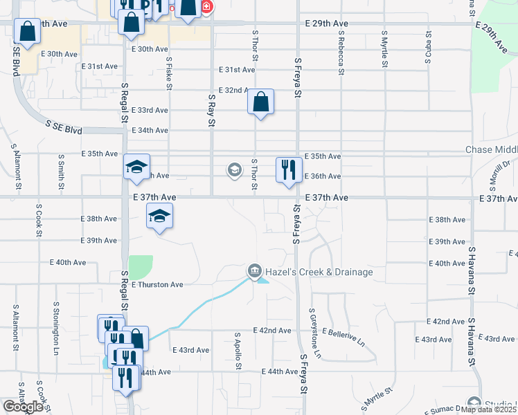 map of restaurants, bars, coffee shops, grocery stores, and more near 3710 South Alder Circle in Spokane