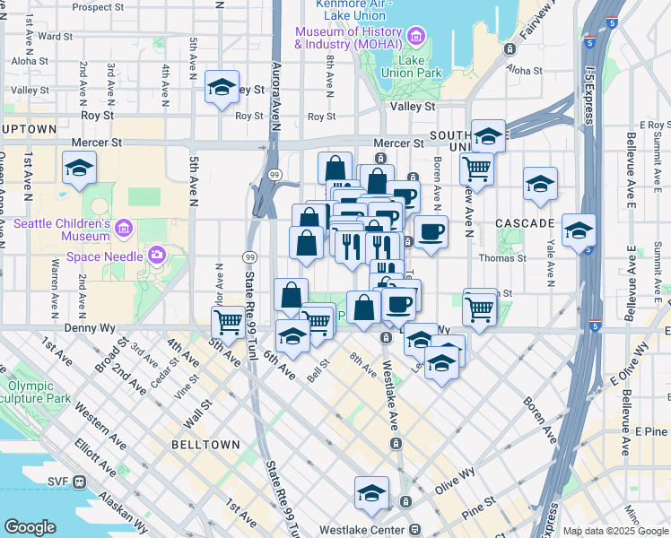 map of restaurants, bars, coffee shops, grocery stores, and more near 93 Denny Way in Seattle
