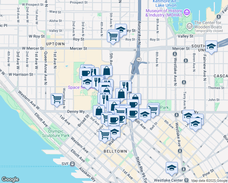 map of restaurants, bars, coffee shops, grocery stores, and more near 222 5th Avenue North in Seattle