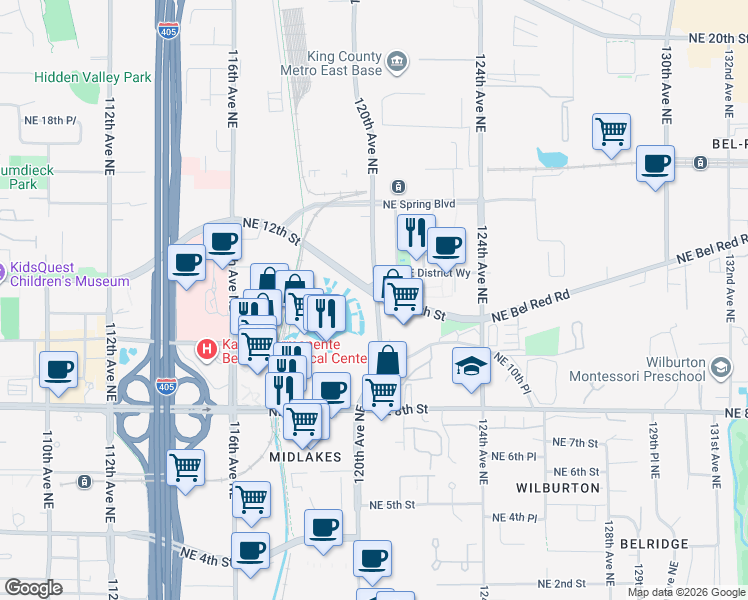 map of restaurants, bars, coffee shops, grocery stores, and more near 1192 120th Avenue Northeast in Bellevue