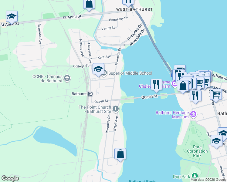 map of restaurants, bars, coffee shops, grocery stores, and more near 653 Riverside Drive in Bathurst