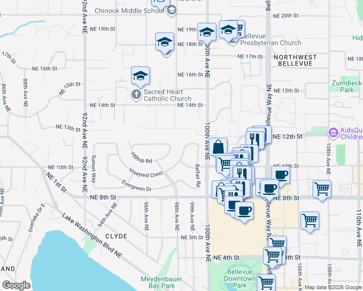 map of restaurants, bars, coffee shops, grocery stores, and more near 9855 Vineyard Crest in Bellevue