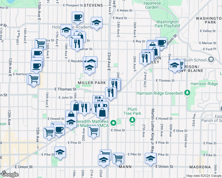 map of restaurants, bars, coffee shops, grocery stores, and more near in Seattle