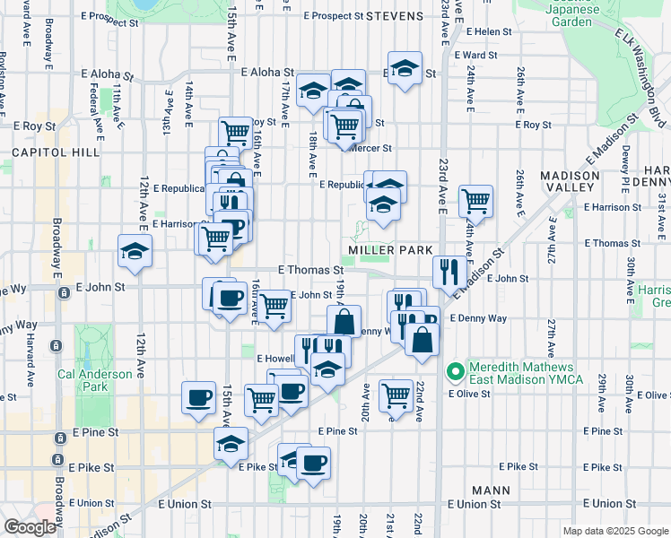 map of restaurants, bars, coffee shops, grocery stores, and more near 300 19th Avenue East in Seattle