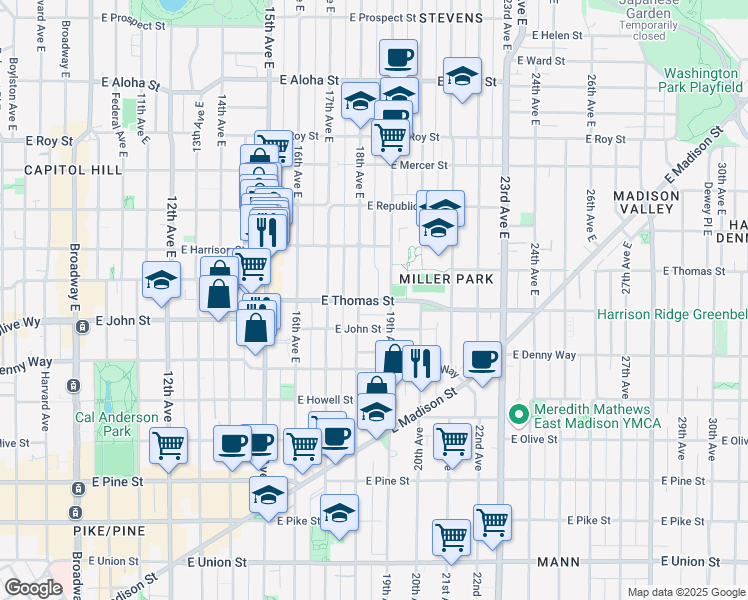 map of restaurants, bars, coffee shops, grocery stores, and more near 302 18th Avenue East in Seattle