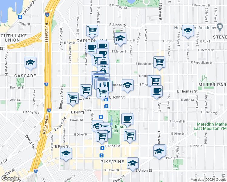 map of restaurants, bars, coffee shops, grocery stores, and more near 218 10th Avenue East in Seattle