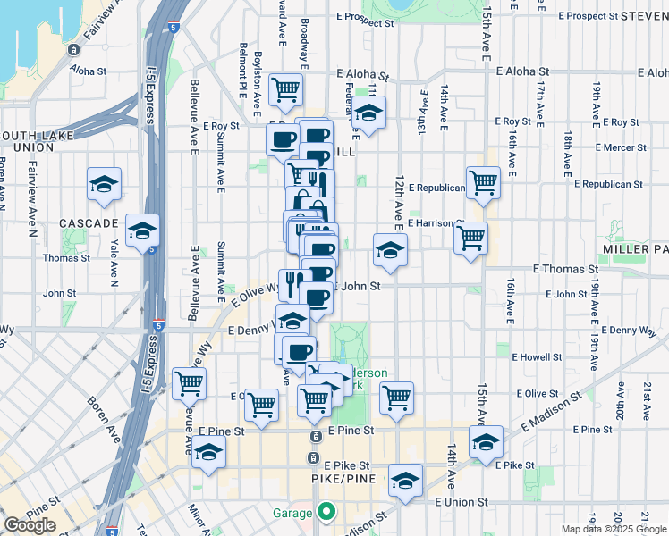 map of restaurants, bars, coffee shops, grocery stores, and more near in Seattle