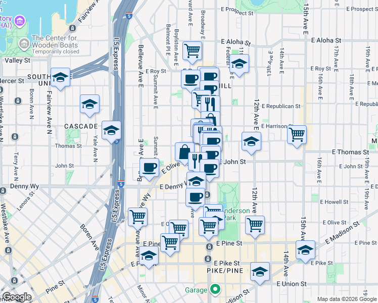 map of restaurants, bars, coffee shops, grocery stores, and more near 819 East Thomas Street in Seattle