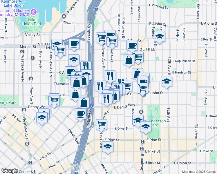 map of restaurants, bars, coffee shops, grocery stores, and more near 239 Bellevue Avenue East in Seattle