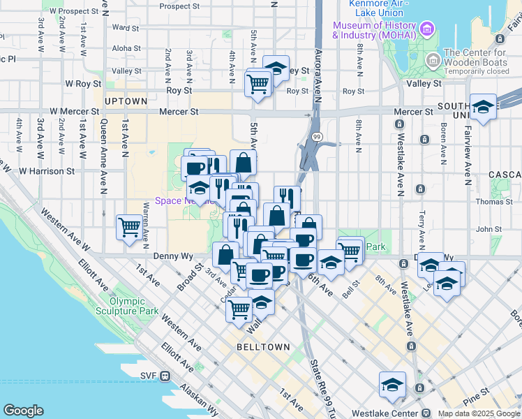 map of restaurants, bars, coffee shops, grocery stores, and more near 218 5th Avenue North in Seattle