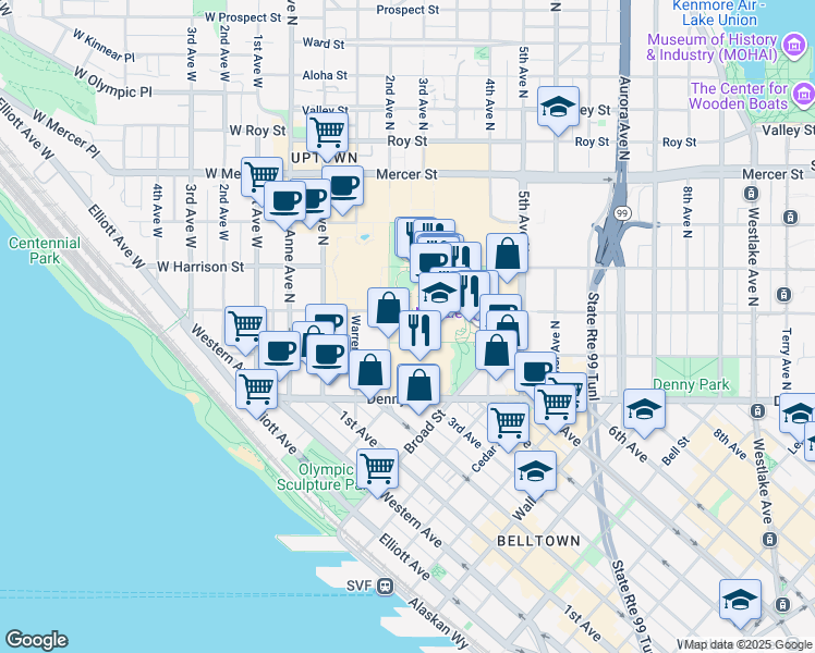 map of restaurants, bars, coffee shops, grocery stores, and more near 302 Thomas Street in Seattle