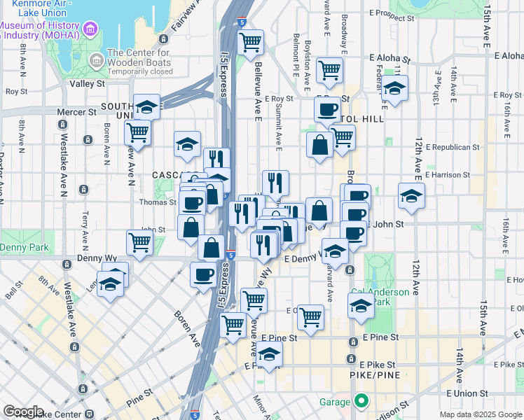 map of restaurants, bars, coffee shops, grocery stores, and more near 230 Bellevue Avenue East in Seattle
