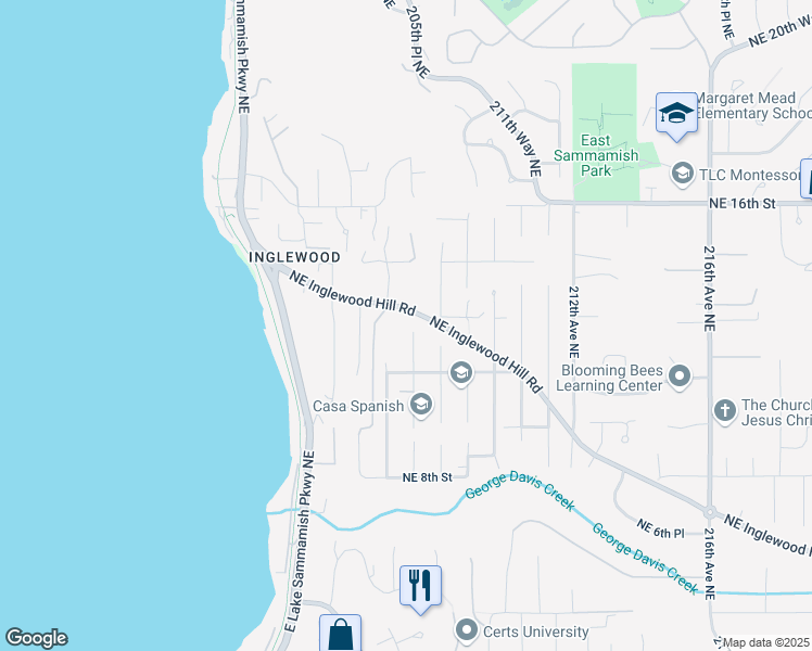 map of restaurants, bars, coffee shops, grocery stores, and more near 1219 207th Place Northeast in Sammamish