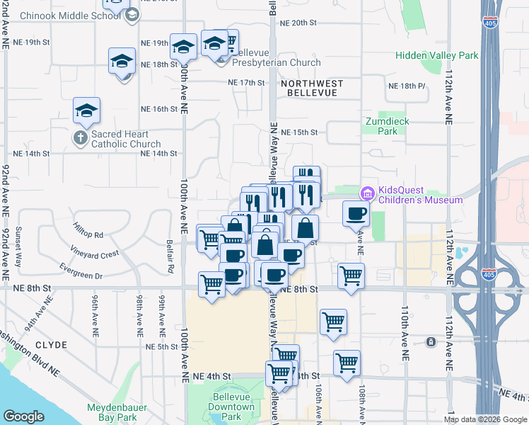 map of restaurants, bars, coffee shops, grocery stores, and more near 1171 Bellevue Way Northeast in Bellevue