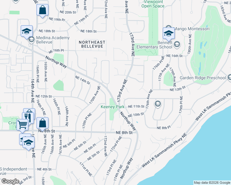 map of restaurants, bars, coffee shops, grocery stores, and more near 17204 Northup Way in Bellevue
