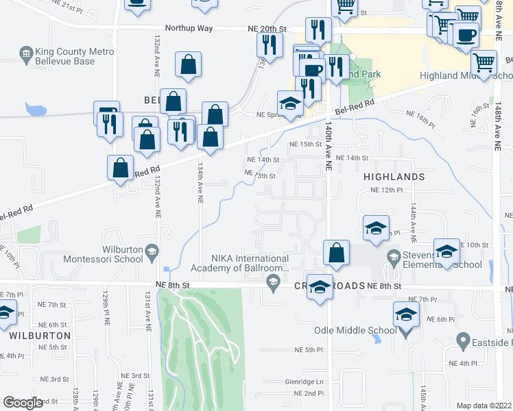 map of restaurants, bars, coffee shops, grocery stores, and more near 13604 Northeast 11th Street in Bellevue