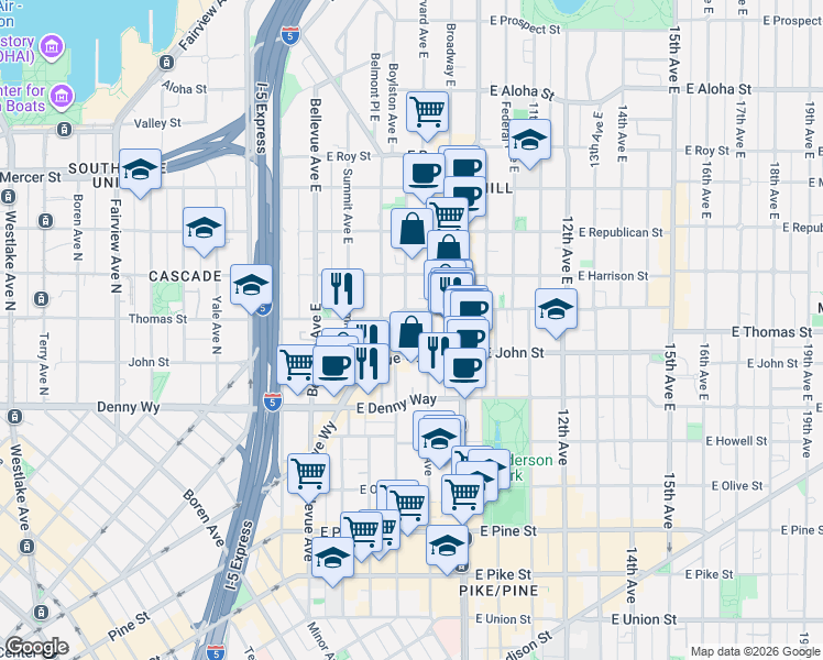 map of restaurants, bars, coffee shops, grocery stores, and more near 210 Boylston Avenue East in Seattle
