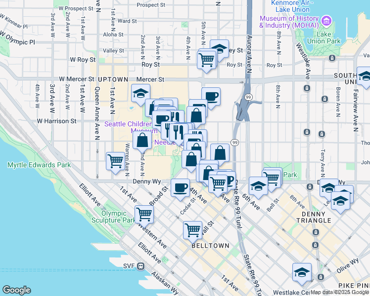 map of restaurants, bars, coffee shops, grocery stores, and more near 400 Broad Street in Seattle