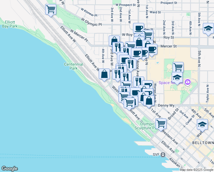 map of restaurants, bars, coffee shops, grocery stores, and more near West Thomas Street Pedestrian and Bicycle Overpass in Seattle