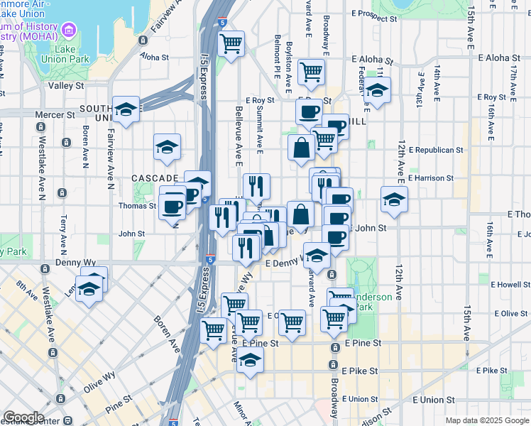 map of restaurants, bars, coffee shops, grocery stores, and more near 226 Summit Avenue East in Seattle
