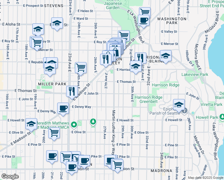 map of restaurants, bars, coffee shops, grocery stores, and more near 211 Martin Luther King Junior Way in Seattle