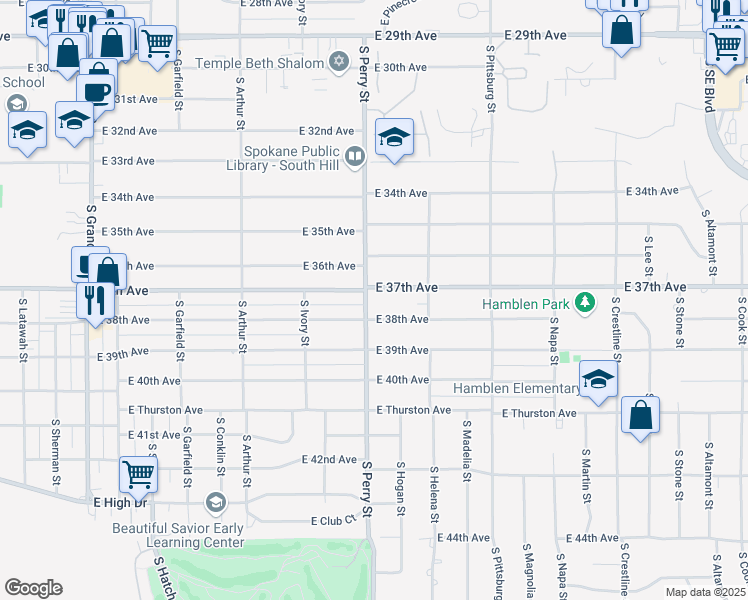 map of restaurants, bars, coffee shops, grocery stores, and more near 3711 South Perry Street in Spokane
