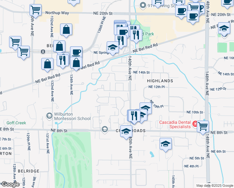 map of restaurants, bars, coffee shops, grocery stores, and more near 13814 Northeast 11th Street in Bellevue