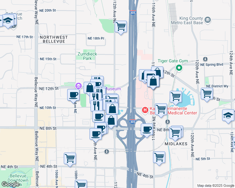map of restaurants, bars, coffee shops, grocery stores, and more near 1110 112th Avenue Northeast in Bellevue