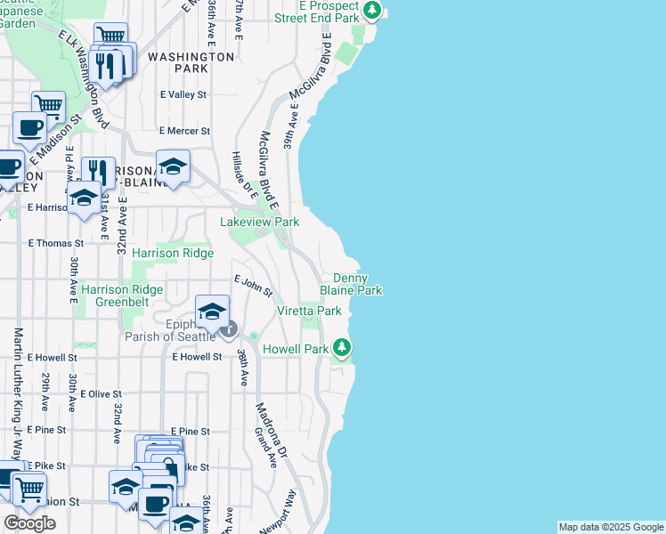 map of restaurants, bars, coffee shops, grocery stores, and more near 200 40th Avenue East in Seattle