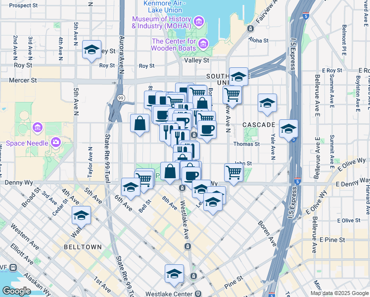 map of restaurants, bars, coffee shops, grocery stores, and more near 210 Westlake Avenue North in Seattle