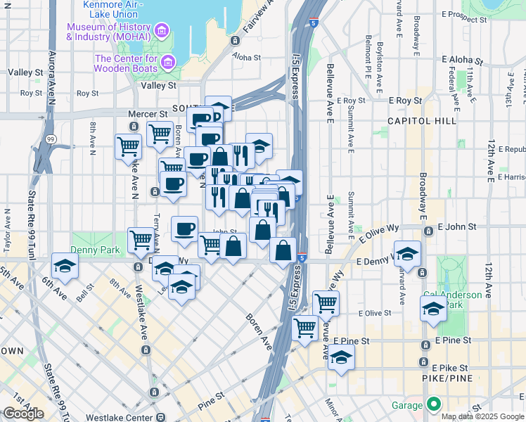 map of restaurants, bars, coffee shops, grocery stores, and more near 241 Yale Avenue North in Seattle