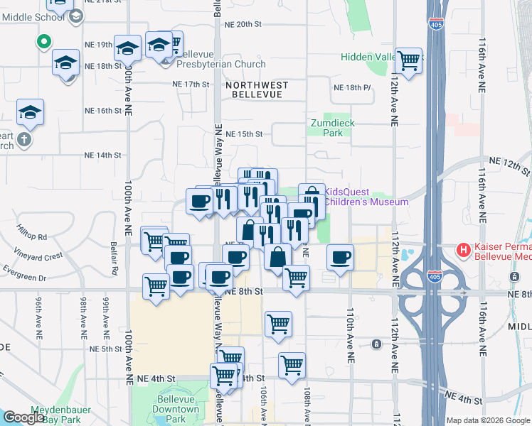 map of restaurants, bars, coffee shops, grocery stores, and more near 1188 106th Avenue Northeast in Bellevue