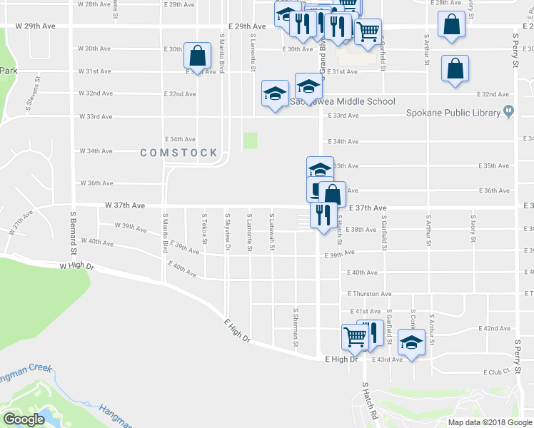 map of restaurants, bars, coffee shops, grocery stores, and more near 3714 South Latawah Street in Spokane
