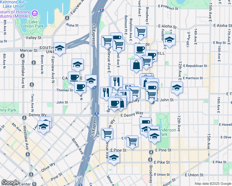 map of restaurants, bars, coffee shops, grocery stores, and more near 226 Summit Avenue East in Seattle