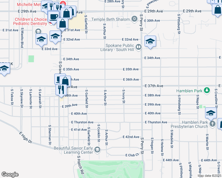 map of restaurants, bars, coffee shops, grocery stores, and more near 1018 East 37th Avenue in Spokane