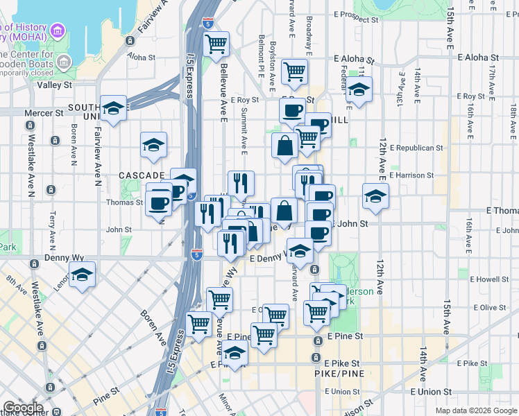 map of restaurants, bars, coffee shops, grocery stores, and more near 226 Summit Avenue East in Seattle