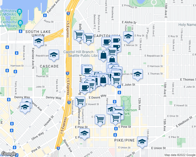 map of restaurants, bars, coffee shops, grocery stores, and more near 219 Boylston Avenue in Seattle