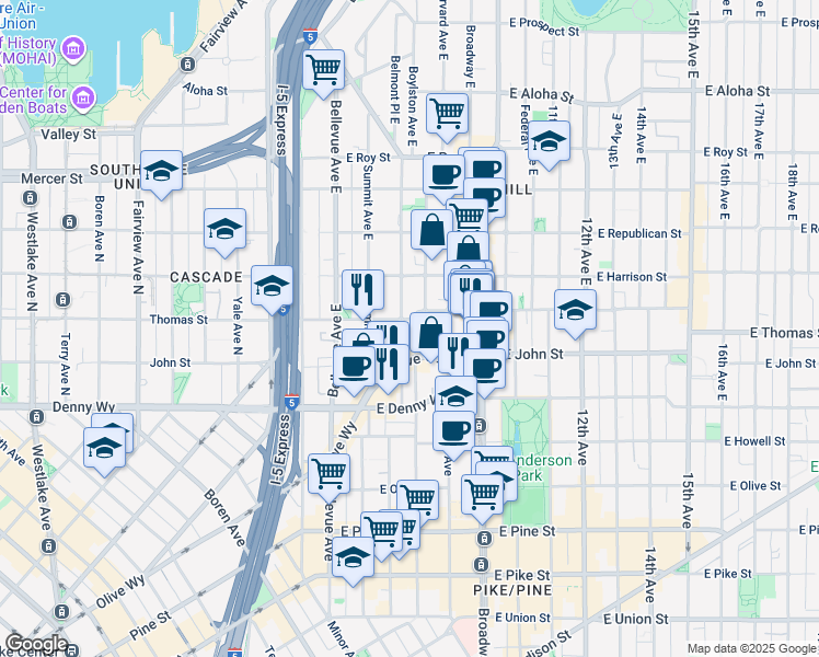 map of restaurants, bars, coffee shops, grocery stores, and more near 232 Belmont Avenue East in Seattle