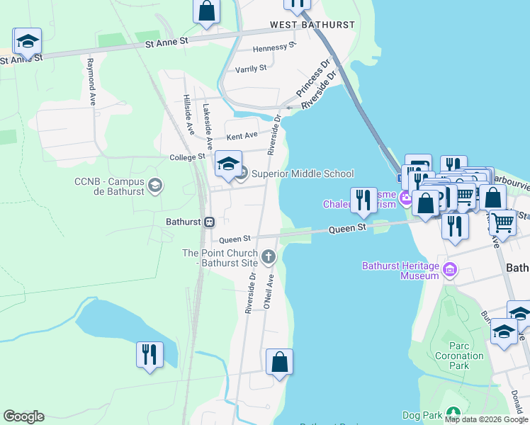 map of restaurants, bars, coffee shops, grocery stores, and more near 653 Riverside Drive in Bathurst