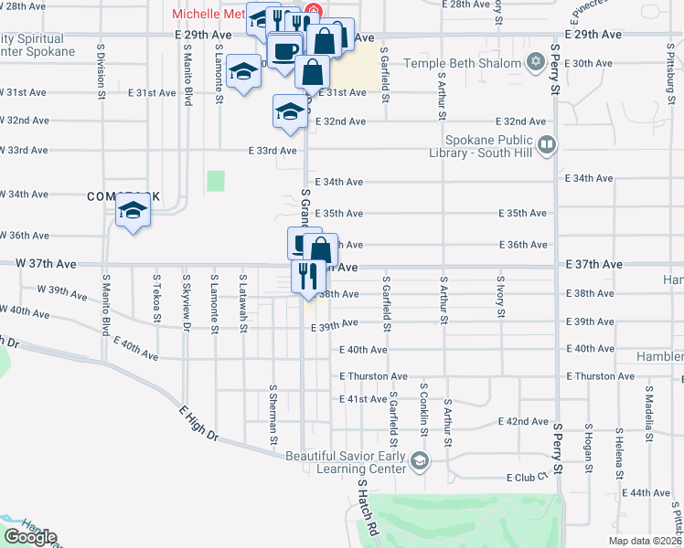 map of restaurants, bars, coffee shops, grocery stores, and more near 704 East 37th Avenue in Spokane
